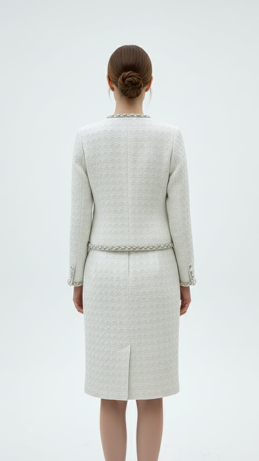 Embroidered Round-Neck Jacket Set with Skirt