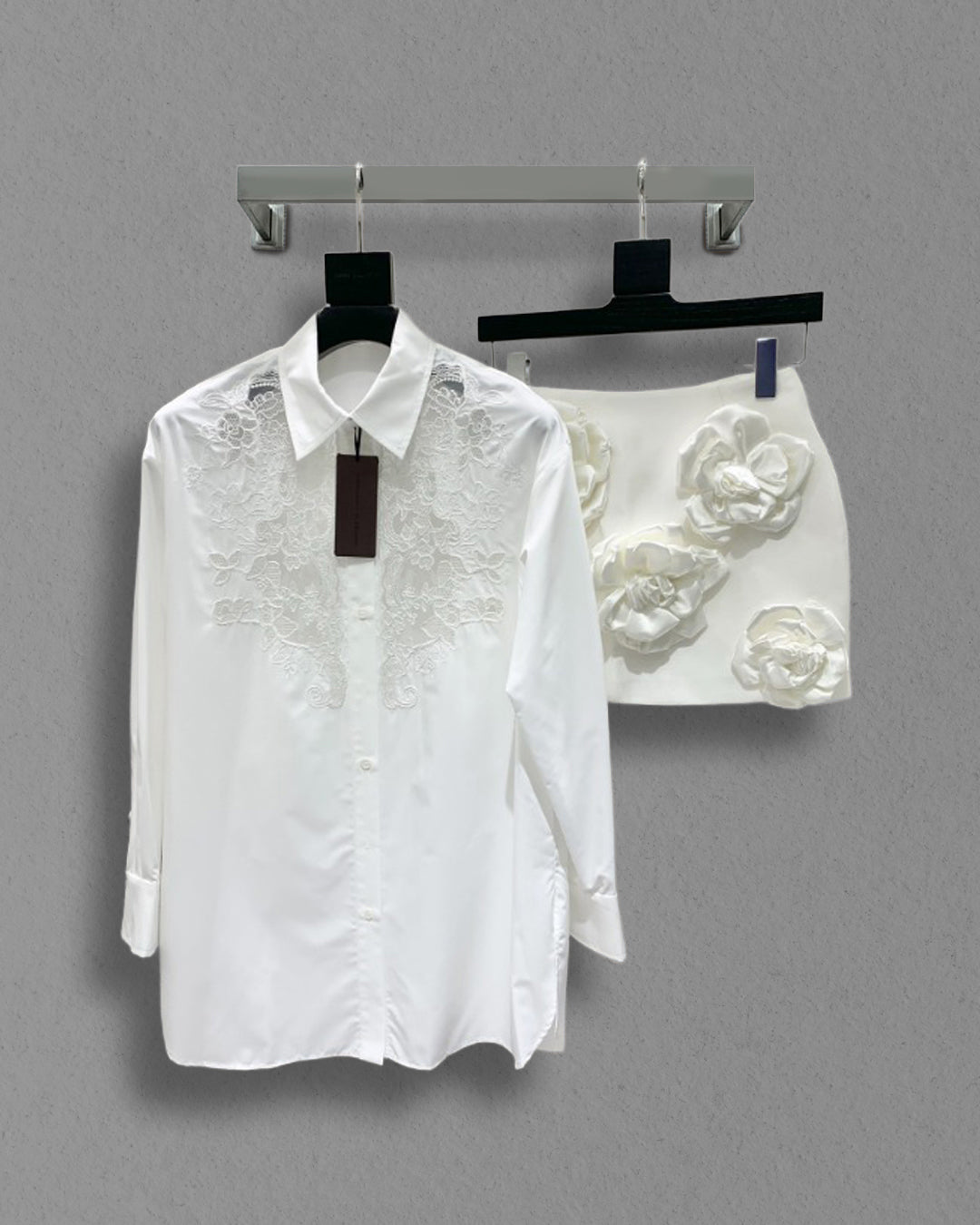 Embroidered shirt set with miniskirt and flower details