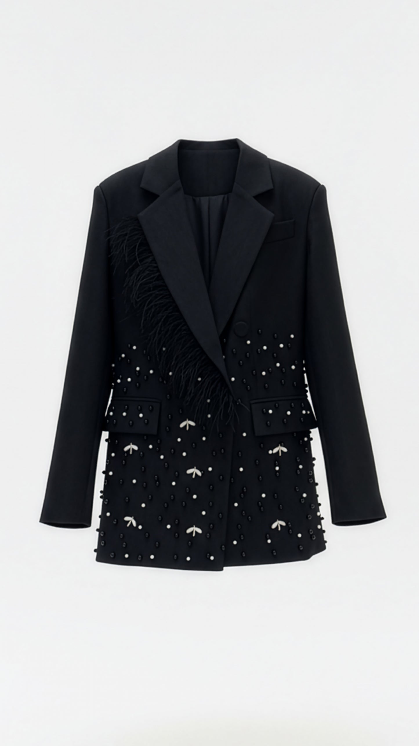 Feather-Trimmed Blazer with Beaded Bee Accents
