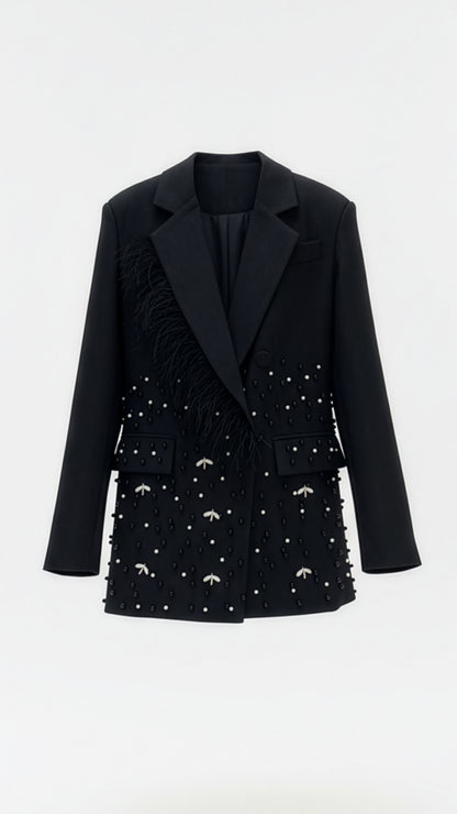 Feather-Trimmed Blazer with Beaded Bee Accents
