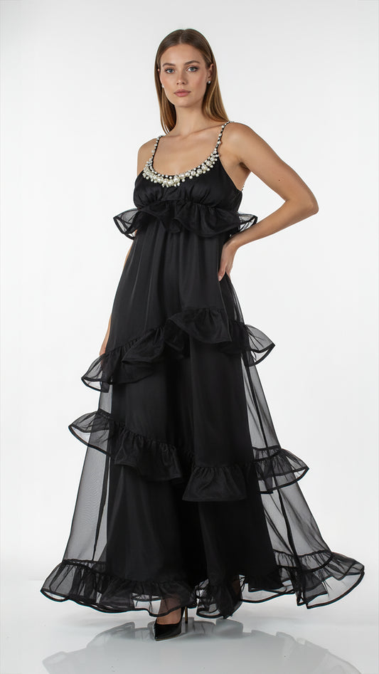 Black Ruffle Dress with Pearl Details