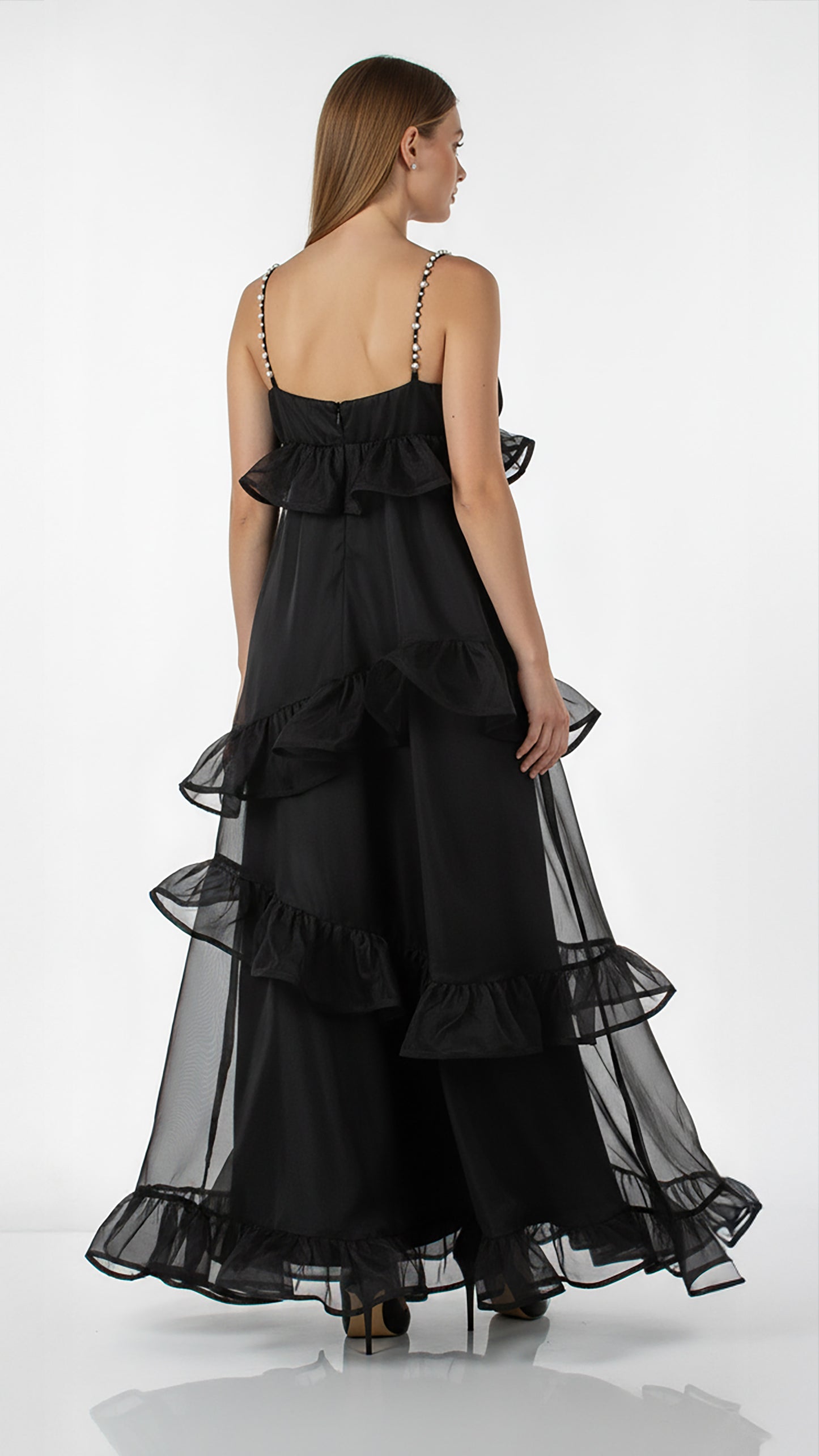 Black Ruffle Dress with Pearl Details