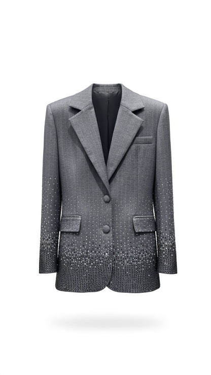 Crystal-Embellished Grey Blazer & Wide-Leg Pants Set