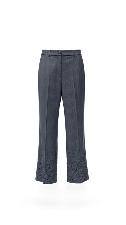 Crystal-Embellished Grey Blazer & Wide-Leg Pants Set