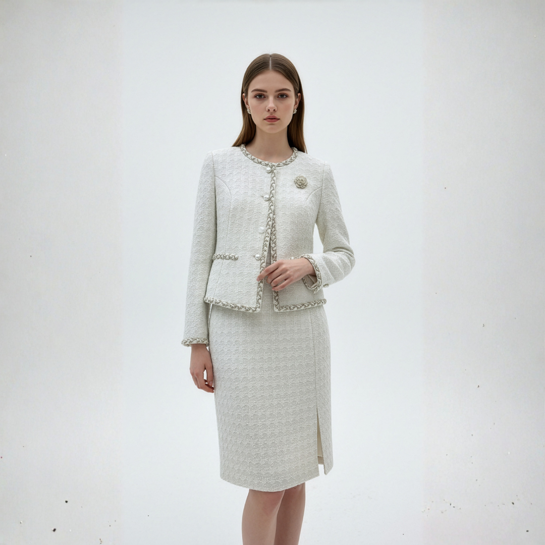 Embroidered Round-Neck Jacket Set with Skirt