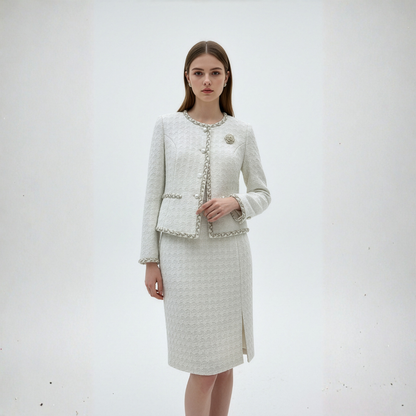 Embroidered Round-Neck Jacket Set with Skirt