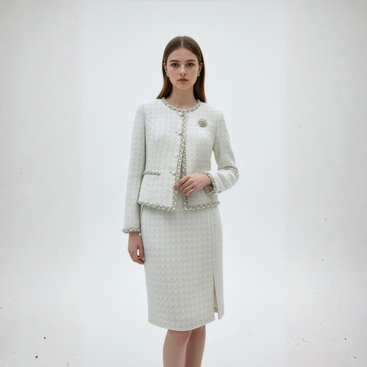 Embroidered Round-Neck Jacket Set with Skirt