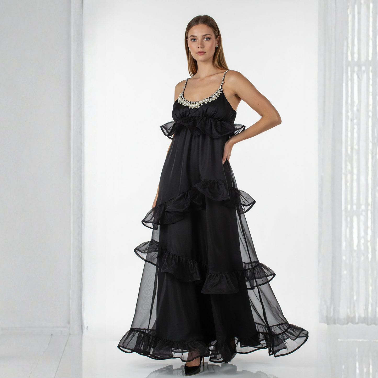 Black Ruffle Dress with Pearl Details