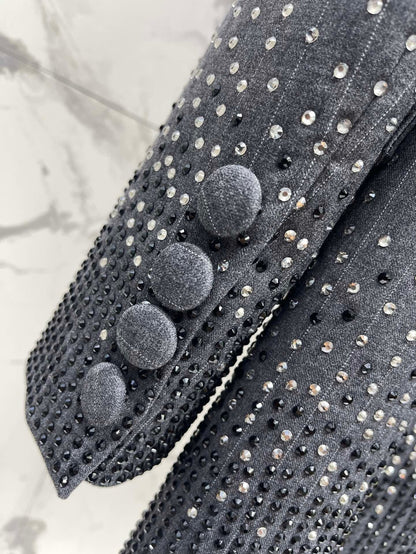 Crystal-Embellished Grey Blazer & Wide-Leg Pants Set