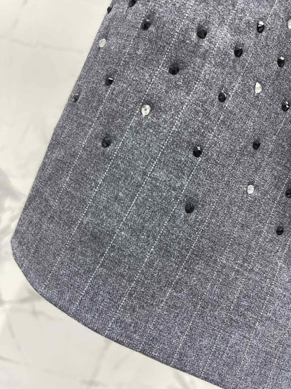 Crystal-Embellished Grey Blazer & Wide-Leg Pants Set