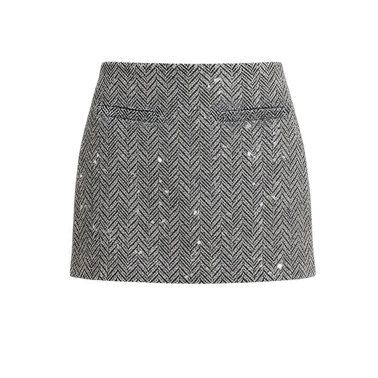 High-Waisted Grey Wool Mini Skirt with Crystal Embellishments